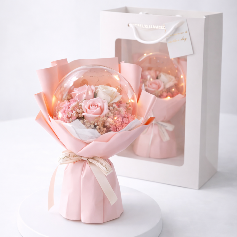 Een boeket geurende zeepbloemen in een geschenkzakje, bolvormig, met LED-verlichting